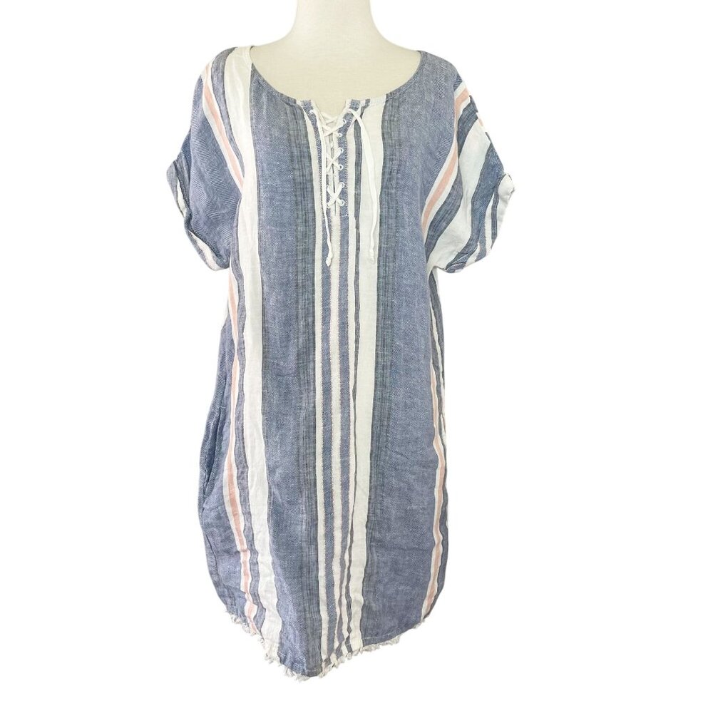 Caslon 100% Linen Dress Women's S Dolman Sleeve Striped White Pink Blue Summer